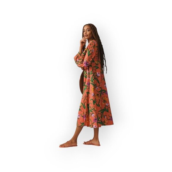 Anthropologie Pink Floral Prairie Cotton Boho Cottagecore Long Sleeve Maxi Dress - Picture 6 of 15